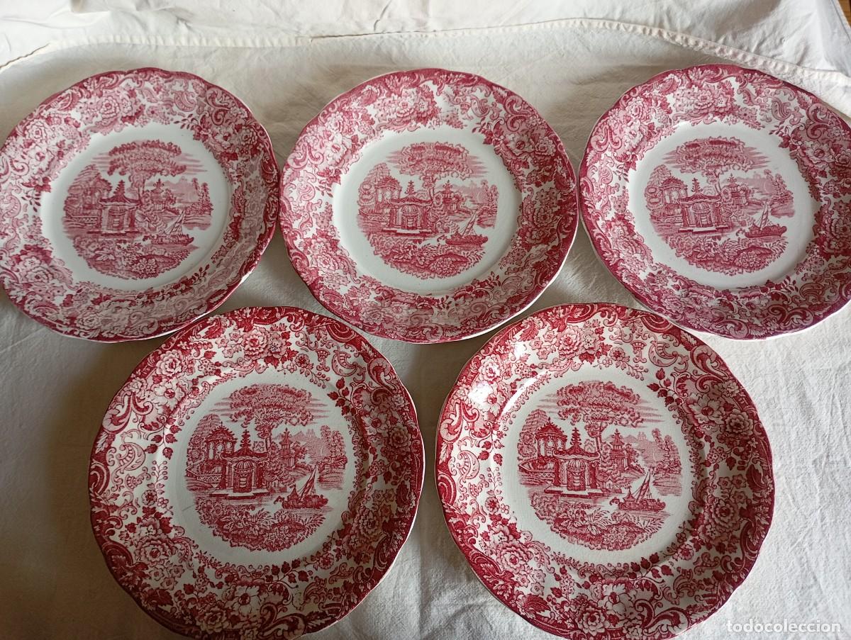 Antig&uuml;edades: Juego de 10 platos de postre la Cartuja de Sevilla. Cer&aacute;mica Pickman serie 202 estampado rosa