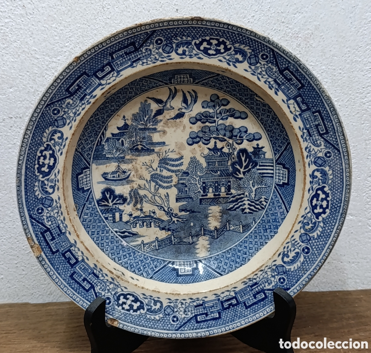 Antig&uuml;edades: ANTIGUO PLATO DE LOZA CER&Aacute;MICA INGLESA STAFFORSHIRE, DISE&Ntilde;O BLUE WILLOW (SAUCE AZUL). SIGLO XIX.