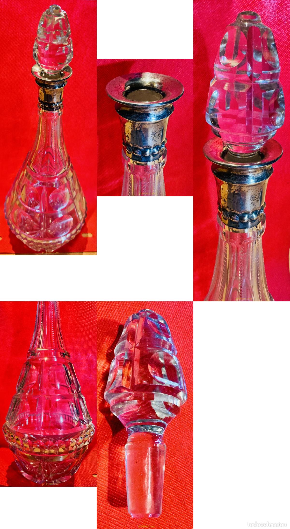 Antig&uuml;edades: BOTELLA LICORERA DE CUELLO ALTO CRISTAL TALLADO CUELLO DE PLATA 60cm Alto