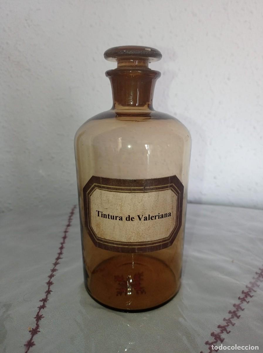 Antig&uuml;edades: Frasco de boticario antiguo de vidrio color &aacute;mbar 18 cm,Tintura de Valeriana
