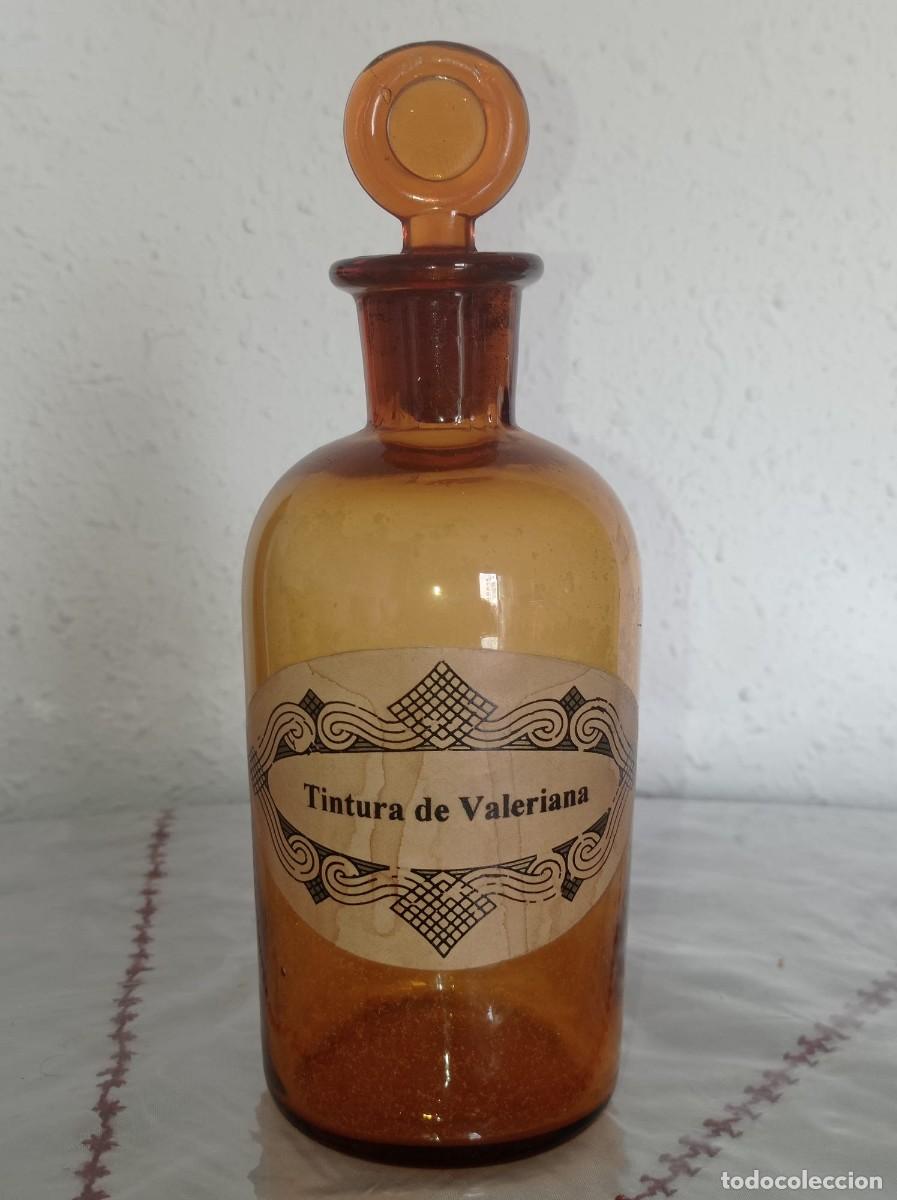 Antig&uuml;edades: Frasco de Farmacia Antiguo de Cristal &Aacute;mbar 21 cm-Tintura de Valeriana