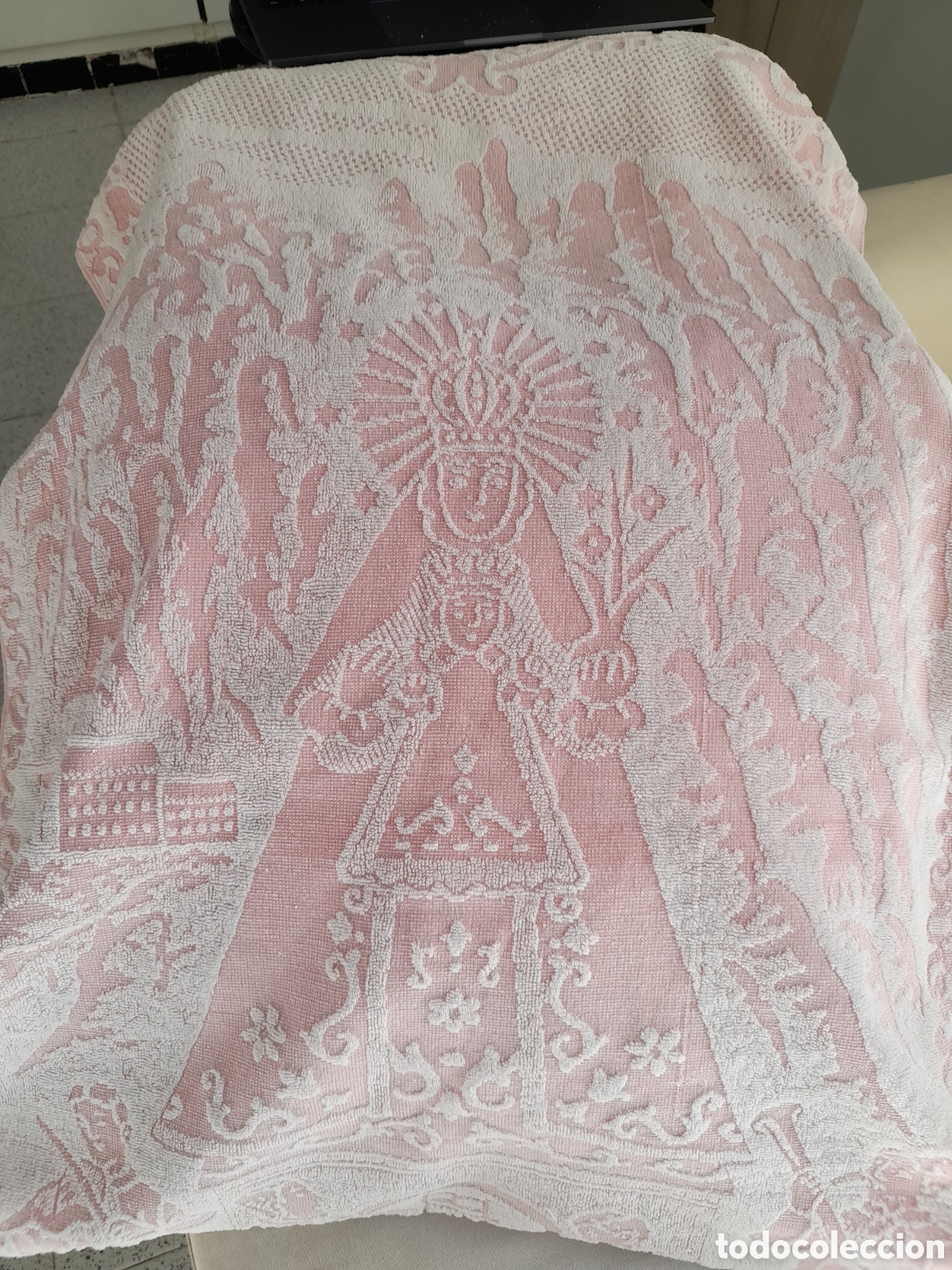 Antig&uuml;edades: Antigua Toalla Jacquard Virgen de los Desamparados - Ajuar Vintage
