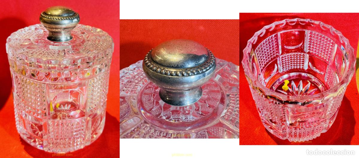 Antig&uuml;edades: BOMBONERA DE CRISTAL TALLADO CON POMO DE PLATA 17cm x 12xm