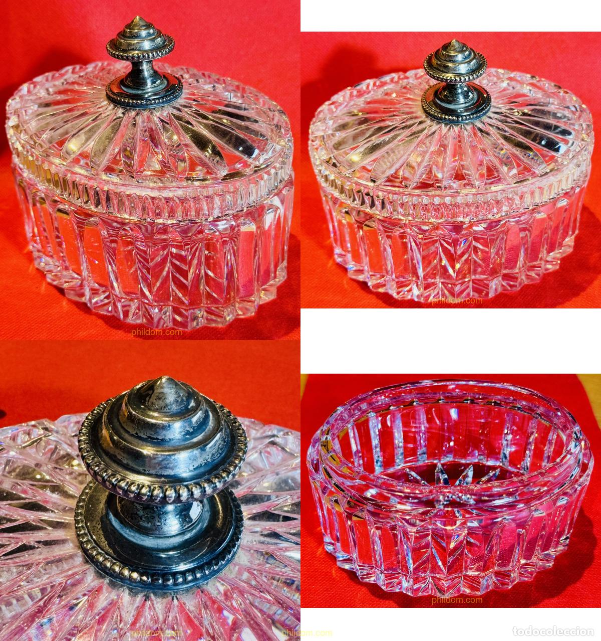 Antig&uuml;edades: BOMBONERA DE CRISTAL TALLADO CON POMO DE PLATA 15cm X 11cm