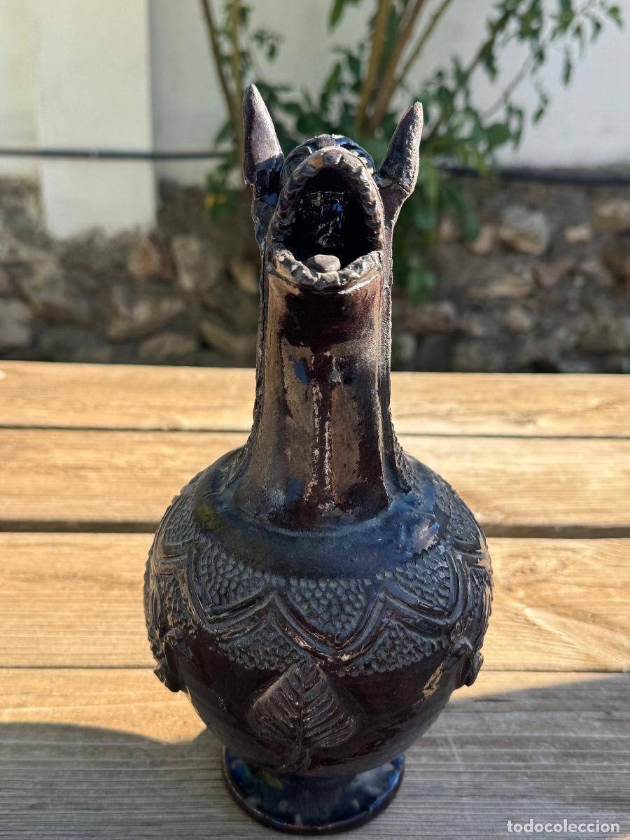 Antig&uuml;edades: Jarra barrro vidriado terracota animal fant&aacute;stico drag&oacute;n alfar Toledo mitad s XX 27cm
