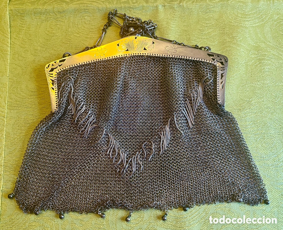 Antig&uuml;edades: Antiguo bolso de malla en plata maciza 800, boquilla calada Art Nouveau, Belle &Eacute;poque, 217 gramos