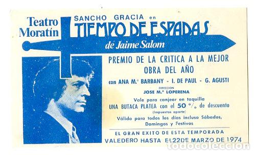Antig&uuml;edades: Entrada Teatro Morat&iacute;n Tiempo de Espasas 1974 Ana Barbany - Teatro