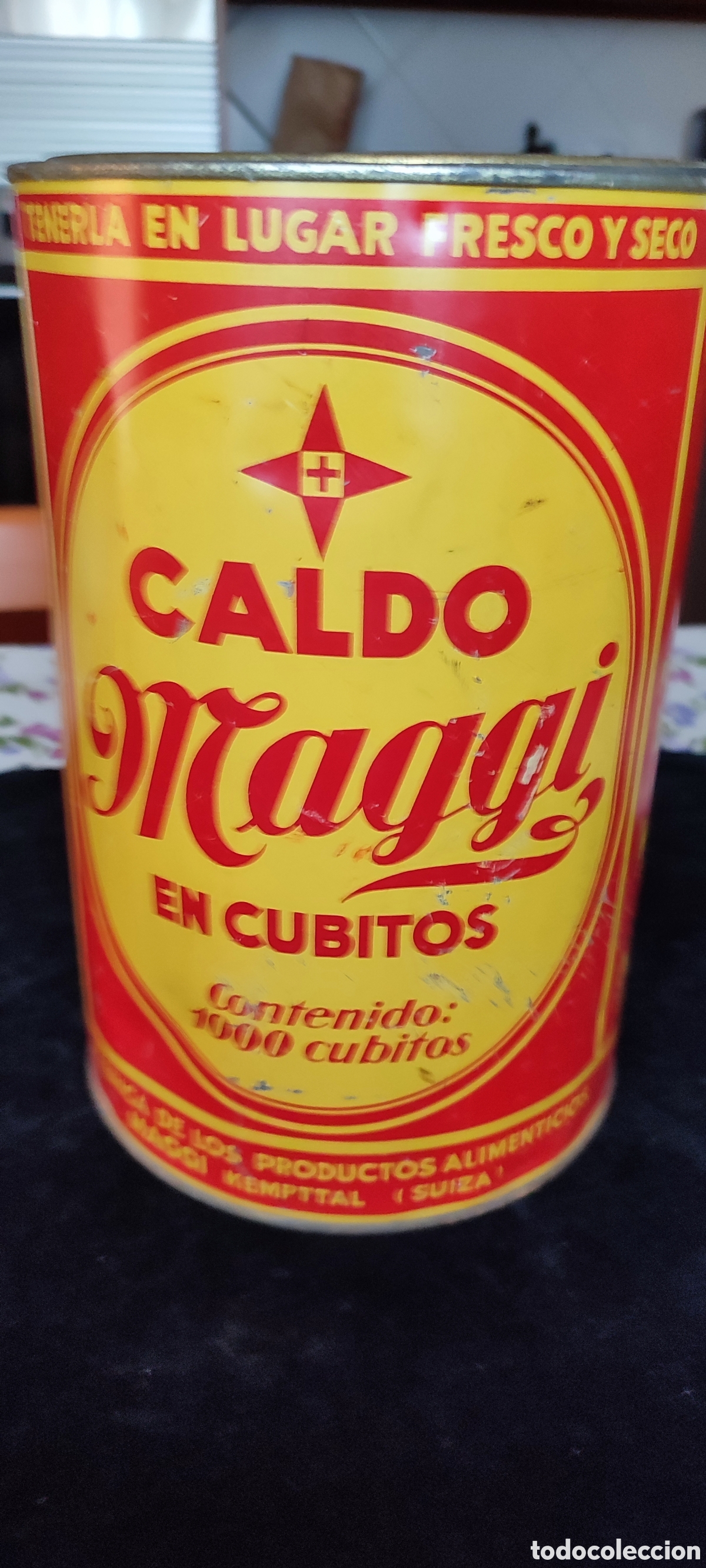 Antig&uuml;edades: Gran lata litografiada de Caldo Maggi 1000 cubitos con abridor