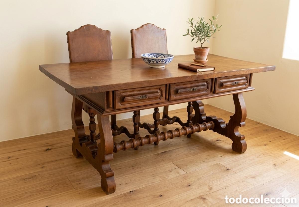Antig&uuml;edades: Mesa de centro de madera de casta&ntilde;o con 6 cajones - Foto 1