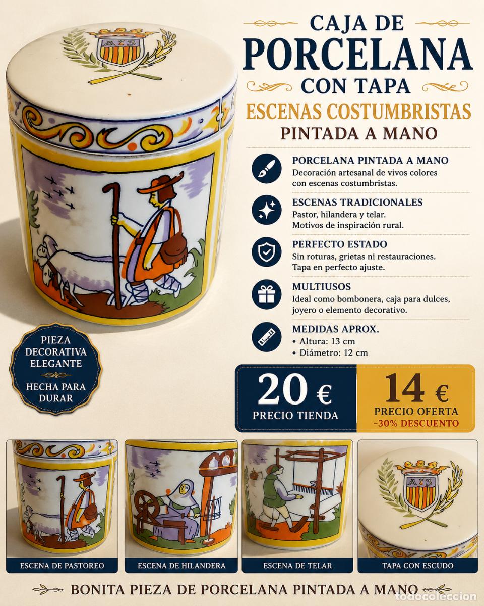 Antig&uuml;edades: CAJA DE PORCELANA CON TAPA | ESCENAS COSTUMBRISTAS | PINTADA A MANO | 13 CM