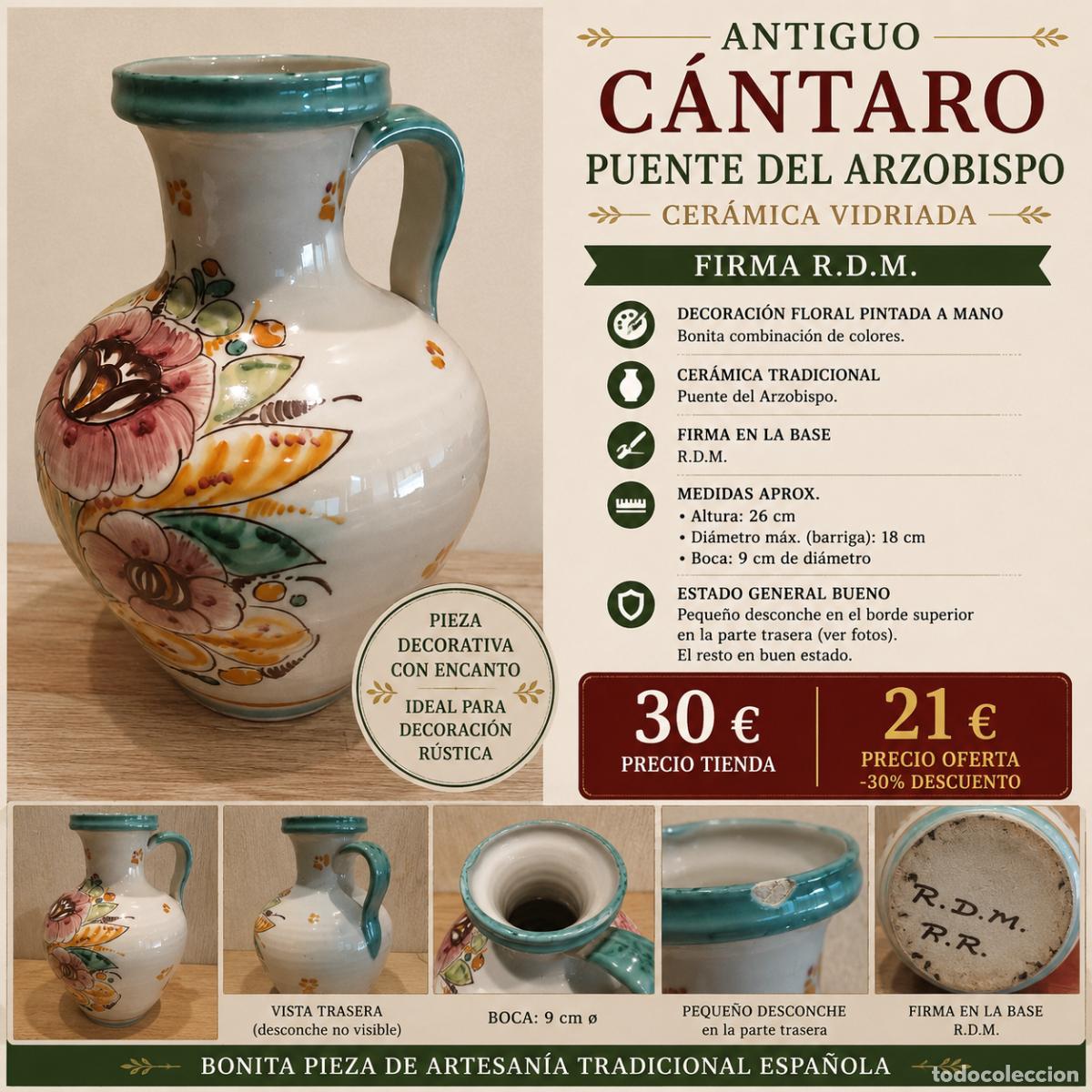Antig&uuml;edades: ANTIGUO C&Aacute;NTARO PUENTE DEL ARZOBISPO | CER&Aacute;MICA VIDRIADA | FIRMA R.D.M. | 26 CM