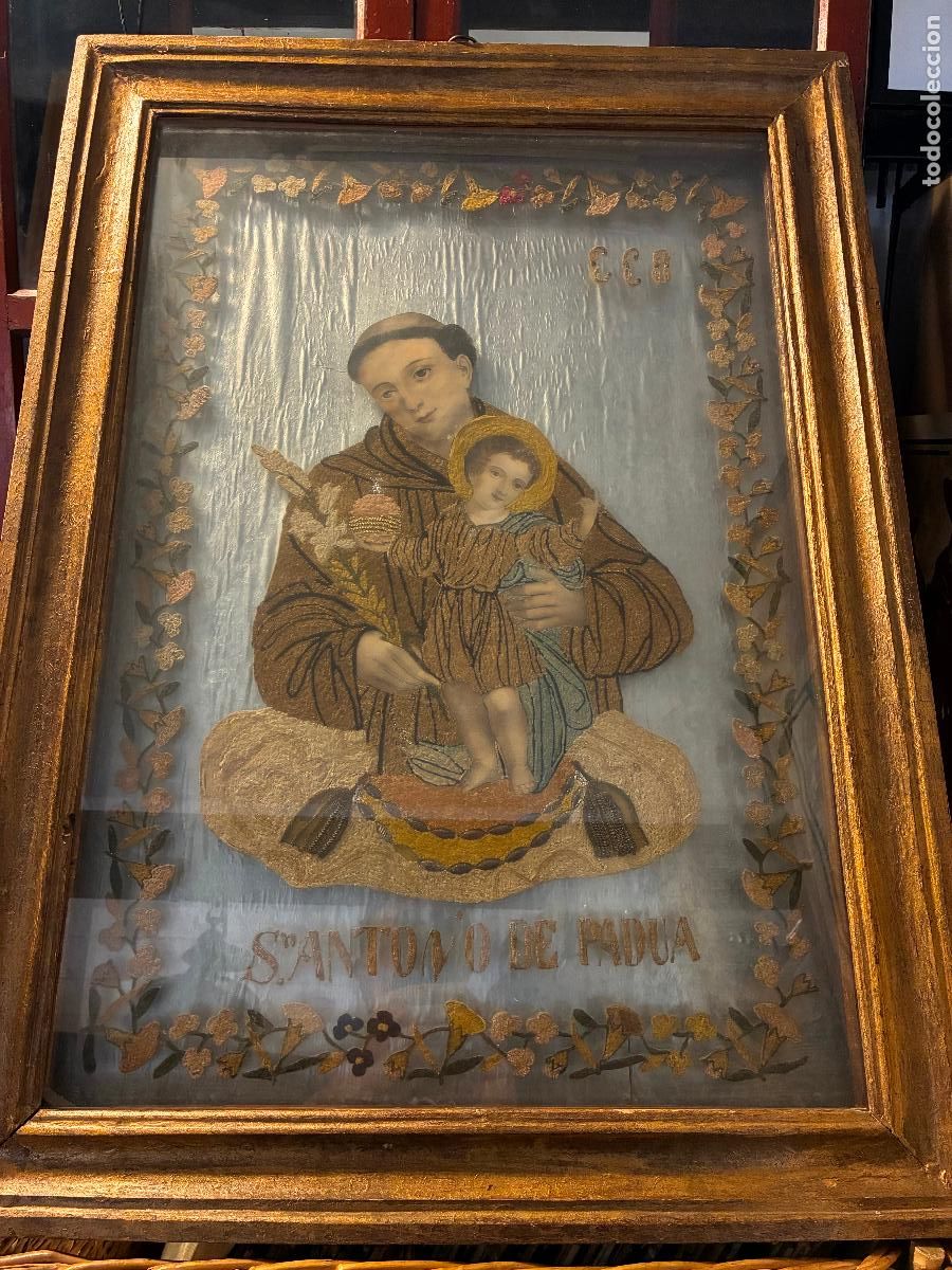 Antig&uuml;edades: Bordado San Antonio de Padua trabajo monasterio monjas tipo relicario S. XIX mide 80x60 marco caja