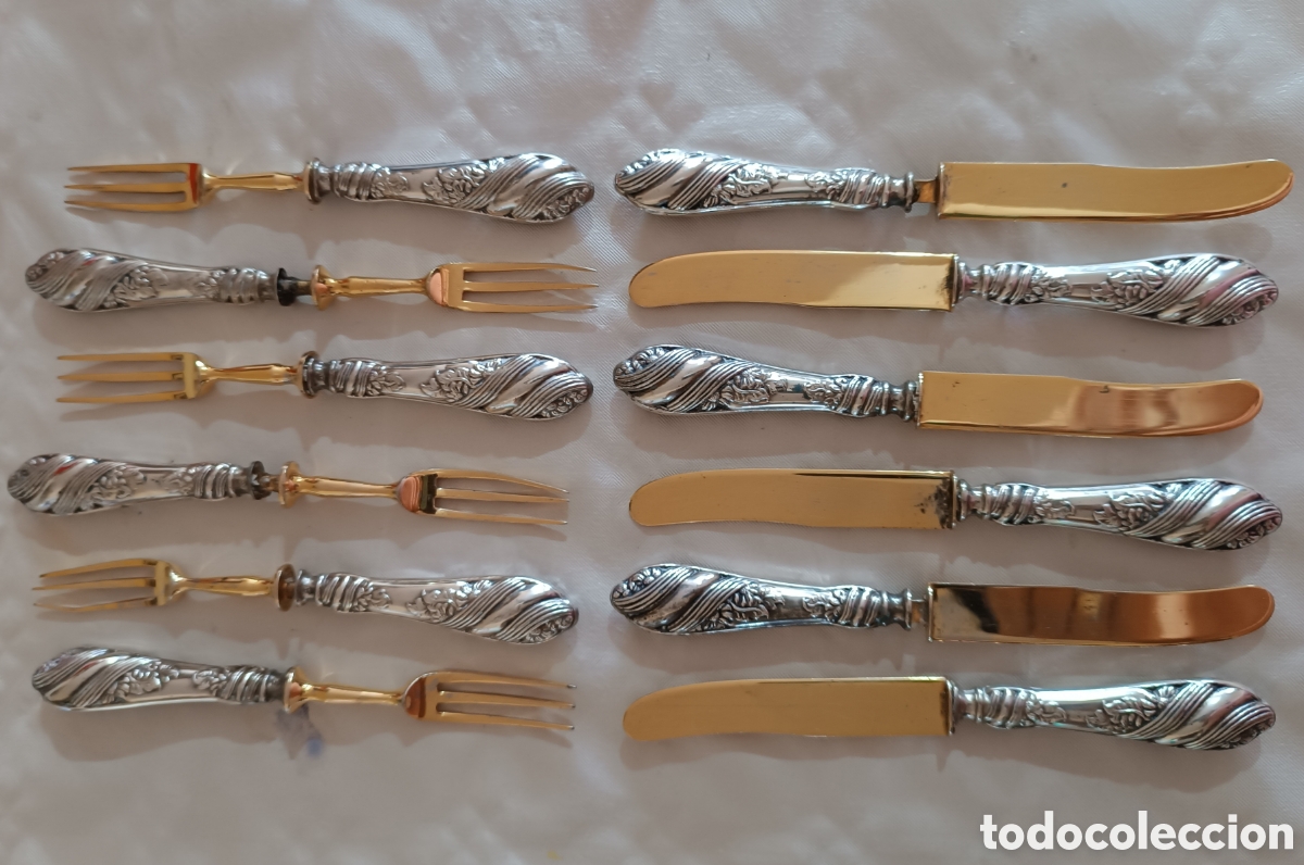 Antig&uuml;edades: Servicio CUBIERTOS de Postre, 6 cuchillos, 6 tenedores, metal dorado mango Alpaca plateada, contrast