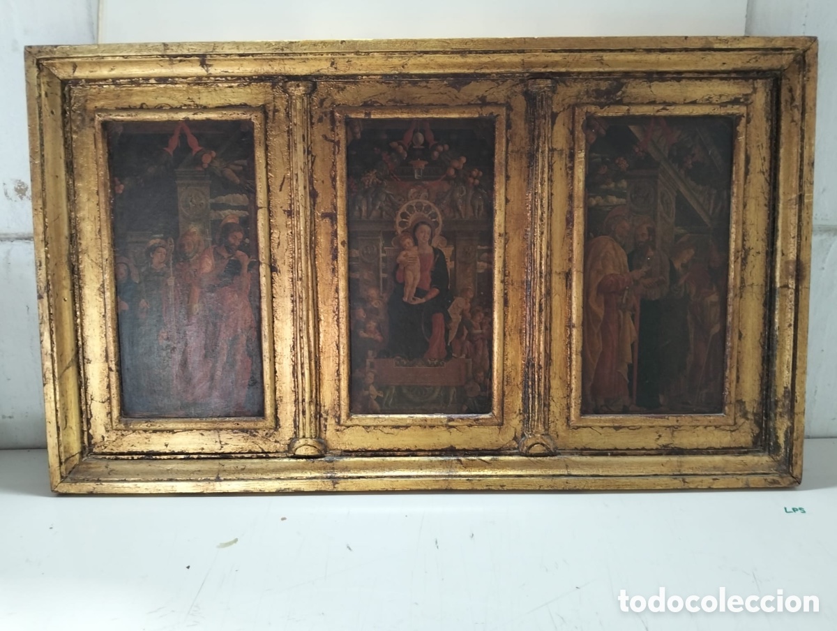 Antig&uuml;edades: Tr&iacute;ptico dorado sobre tabla. Escenas b&iacute;blicas.