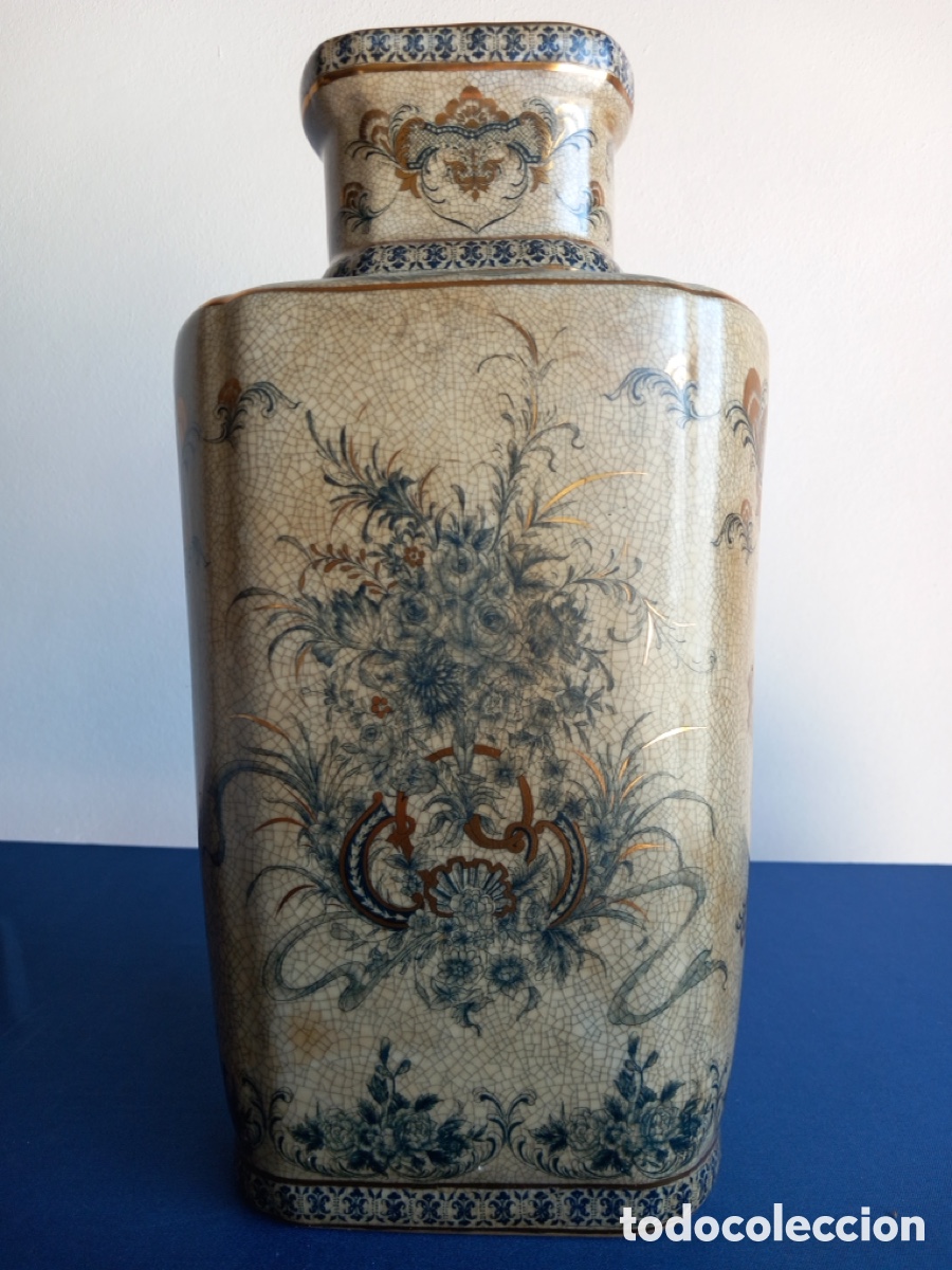 Antig&uuml;edades: Elegante Jarr&oacute;n de Porcelana Craquelada Estilo Delft / Vintage.