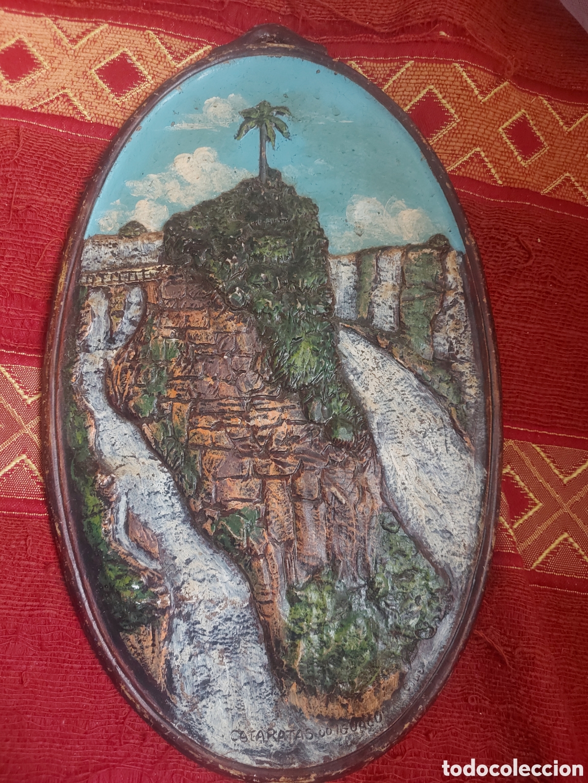 Antig&uuml;edades: Antiguo Placa decorativa de ceramica hecha a mano- las Cataratas del Iguaz&uacute;-