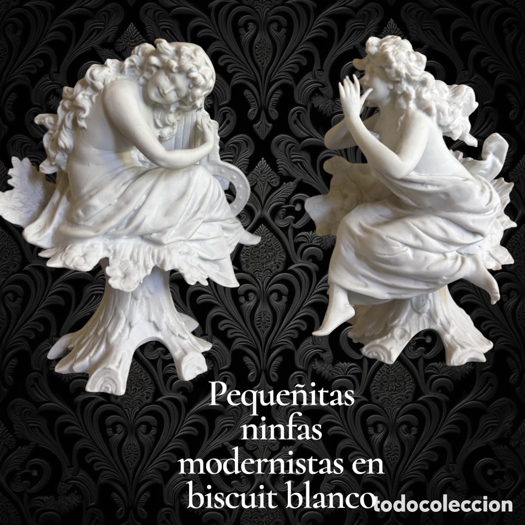 Antig&uuml;edades: PRECIOSA PAREJITA DE NINFAS MODERNISTAS EN BISCUIT BLANCO
