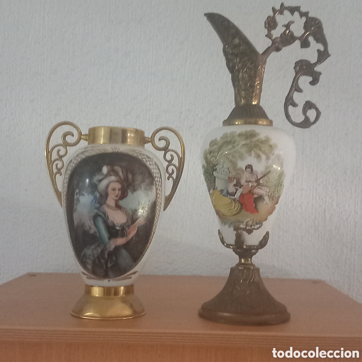 Antig&uuml;edades: ANTIGUOS JARRONES DE PORCELANA y BRONCE(DAMA PINTADA A MANO)