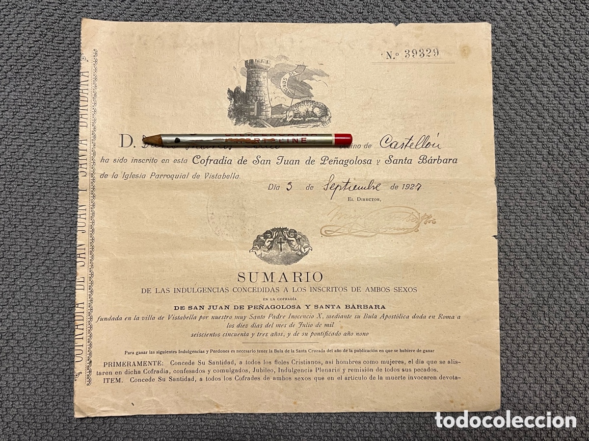 Antig&uuml;edades: CASTELL&Oacute;N. COFRADIA SAN JUAN DE PE&Ntilde;AGOLOSA Y SANTA BARBARA DE VISTABELLA (a.1927)