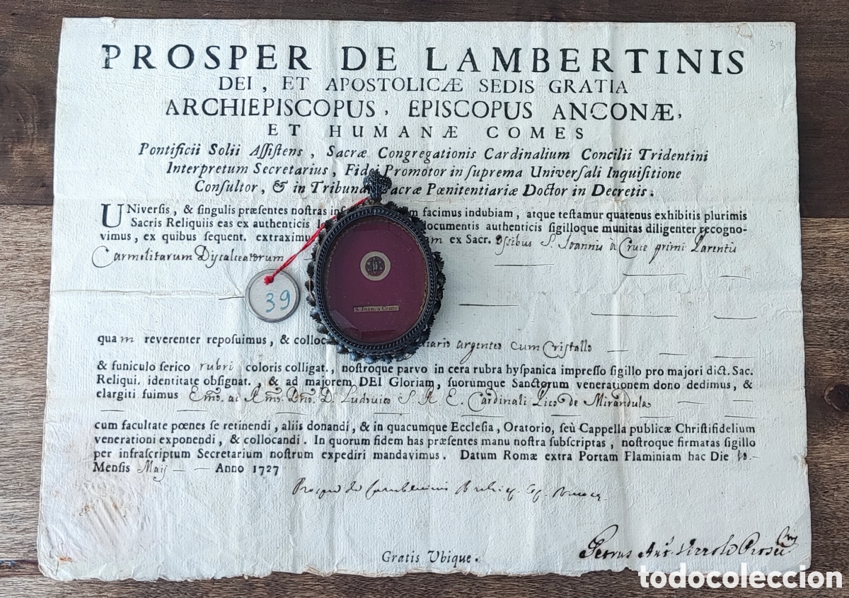 Antig&uuml;edades: San Juan de la Cruz (1542-1591). Reliquia. Relicario. Certificado. Autenticidad. 1727. Plata.