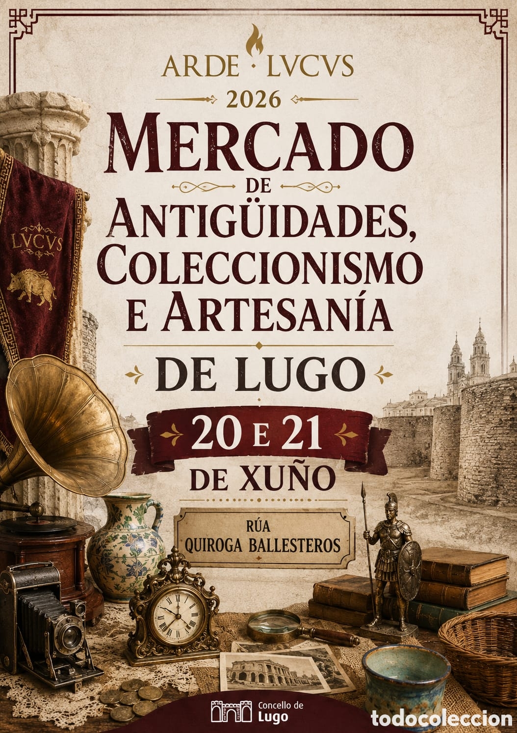 Antig&uuml;edades: LUGO P&Oacute;STER MERCADO LUGO ARDE LVCVS FIESTA RONANA 20/21 JUNIO QUIROGA BALLESTEROS