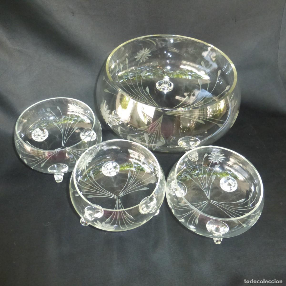 Antig&uuml;edades: ANTIGUO JUEGO CENTRO DE MESA FRUTERO CUENCOS CRISTAL SOPLADO TALLADO S. XX CUT GLASS SET OF BOWLS