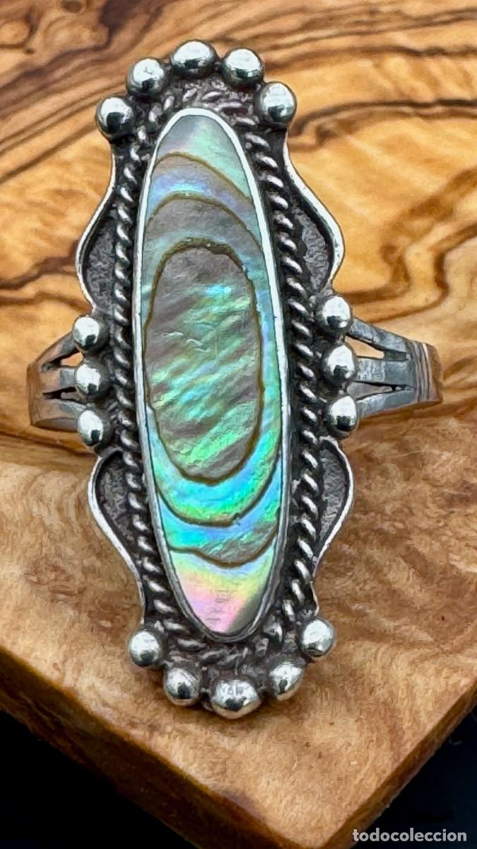Antig&uuml;edades: Anillo espa&ntilde;ol vintage plata 925 con abul&oacute;n, filigrana y granulado, talla 10 US