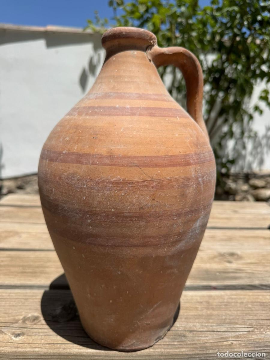 Antig&uuml;edades: Antiguo c&aacute;ntaro barro torneado estr&iacute;as rojas superpuestas S XIX XX 33x22cms