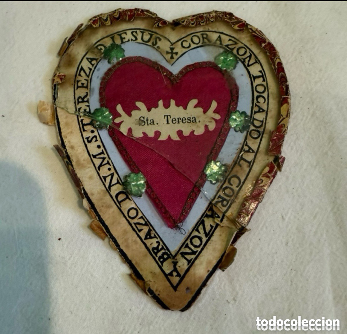 Antig&uuml;edades: Antiguo relicario devocional de Santa Teresa de Jes&uacute;s - Coraz&oacute;n m&iacute;stico - Siglo XIX