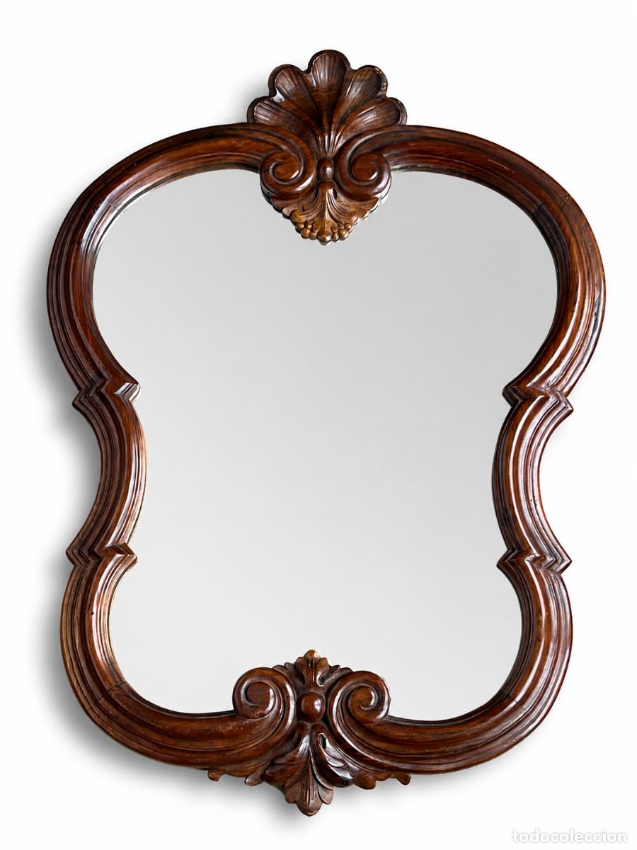 Antig&uuml;edades: Espejo de pared madera tallada estilo Luis XV (revival rocaille) 68&times;49 cm, tono caoba
