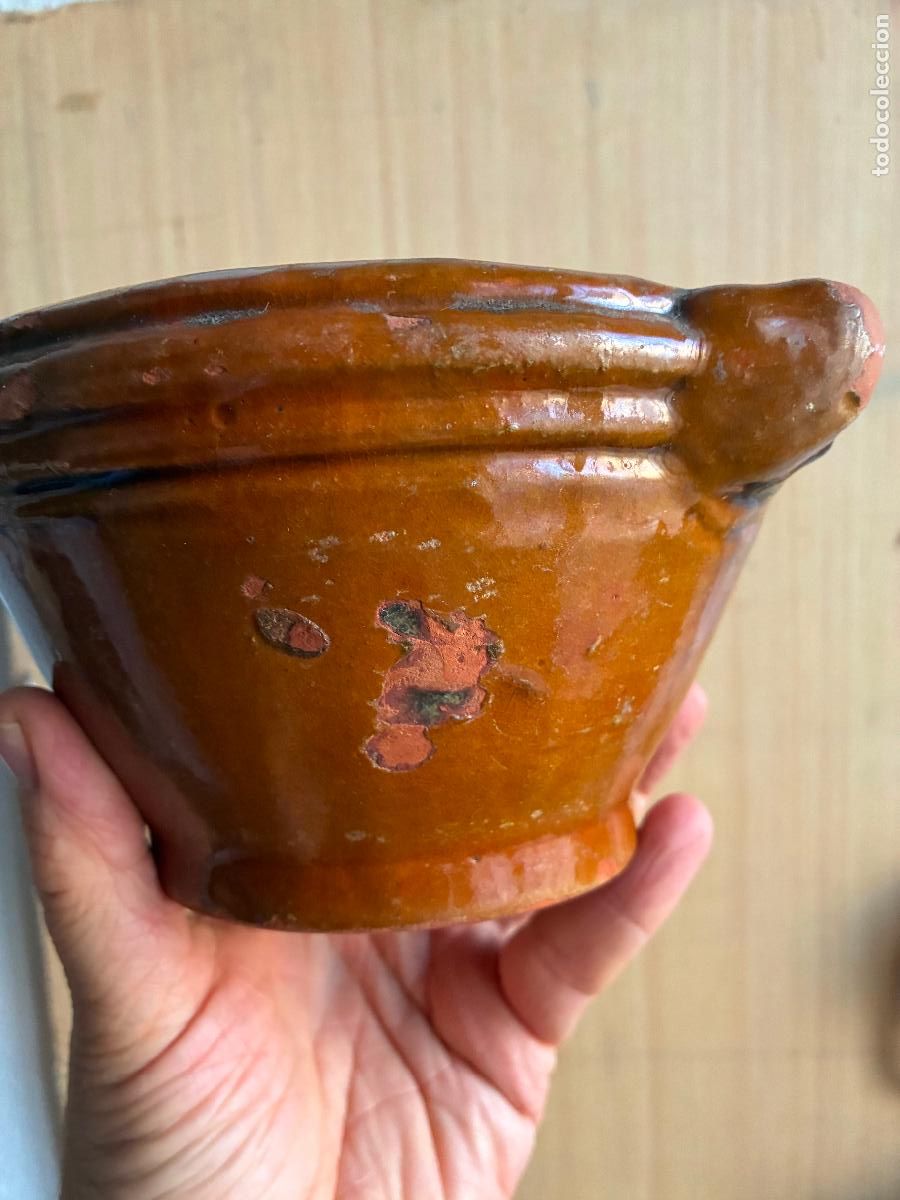 Oggetti Antichi: Mortero antiguo cer&aacute;mica popular catalana mide 18 x 9,5 x 10 alto bien conservado