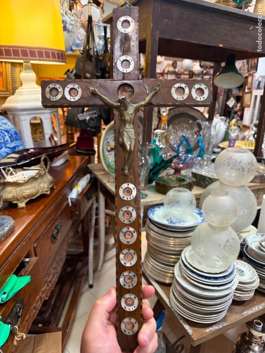 Antig&uuml;edades: ANTIGUO RELICARIO VIA CRUCIS CON CRISTO DE BRONCE Y CRUZ DE TARACEA - MEDIDA CRUZ 43X21 CM