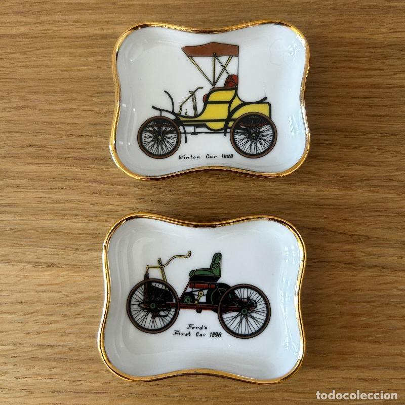 Antiguidades: Pareja platitos porcelana Limoges P. Pastaud &ndash; Ford 1896 y Winton Car 1898, filo oro