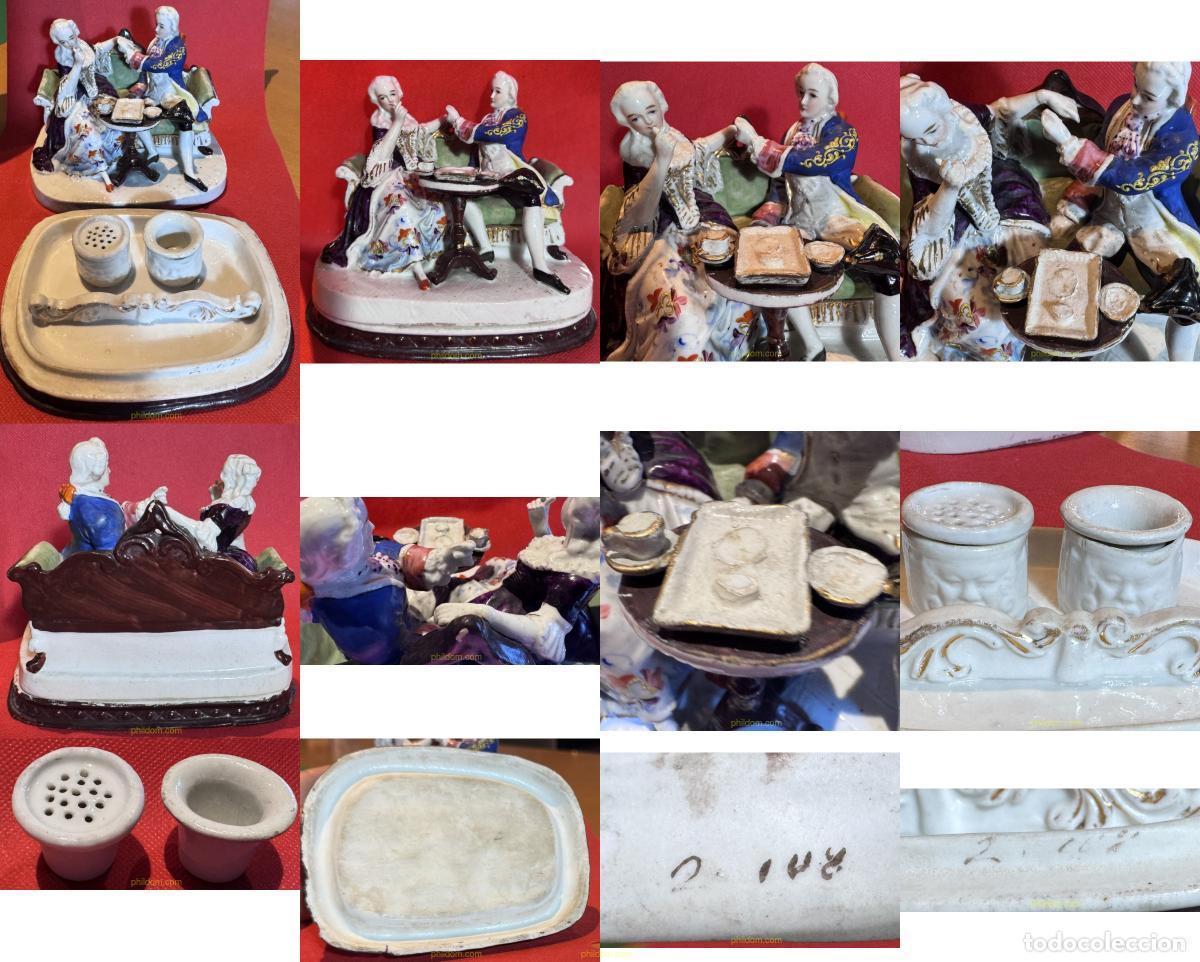 Antig&uuml;edades: TINTERO DE PORCELANA ALEMANA DE FINALES DEL SIGLO XVIII DE CONTA BOEHME. PAREJA TOMANDO T&Eacute;