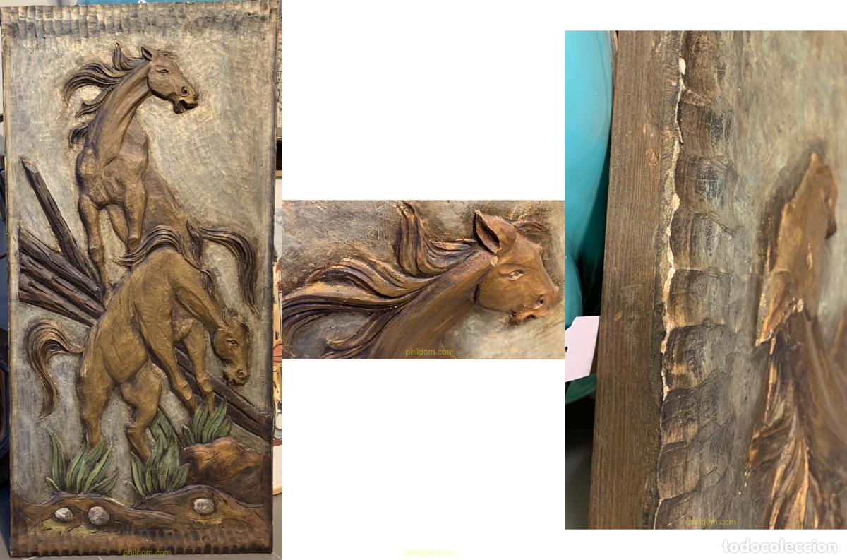 Antig&uuml;edades: PRECIOSA TALLA SOBRE RETABLO DE MADERA CABALLOS