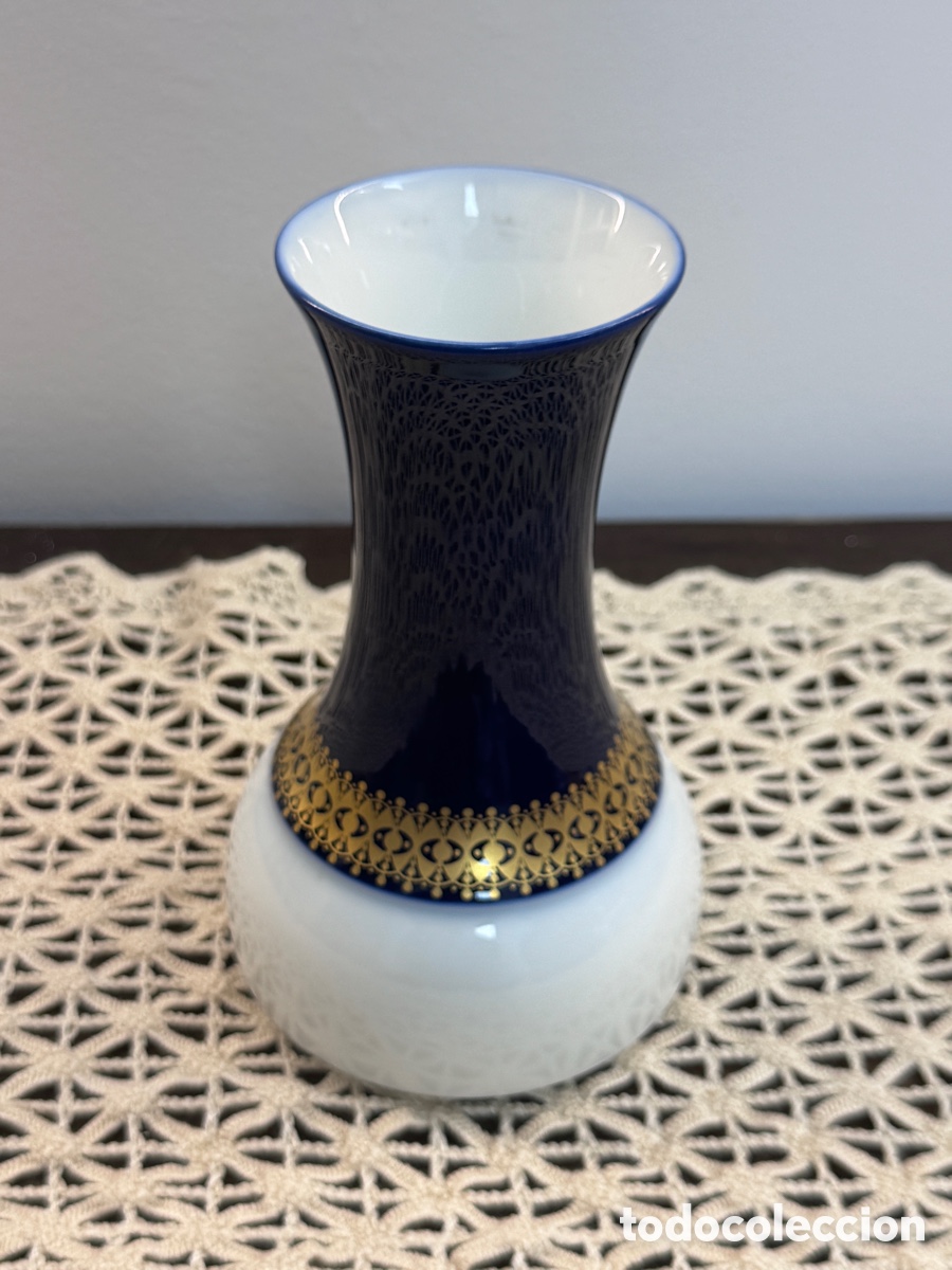 Oggetti Antichi: Florero porcelana alemana Thomas Germany Rosenthal azul cobalto oro vintage 20cm