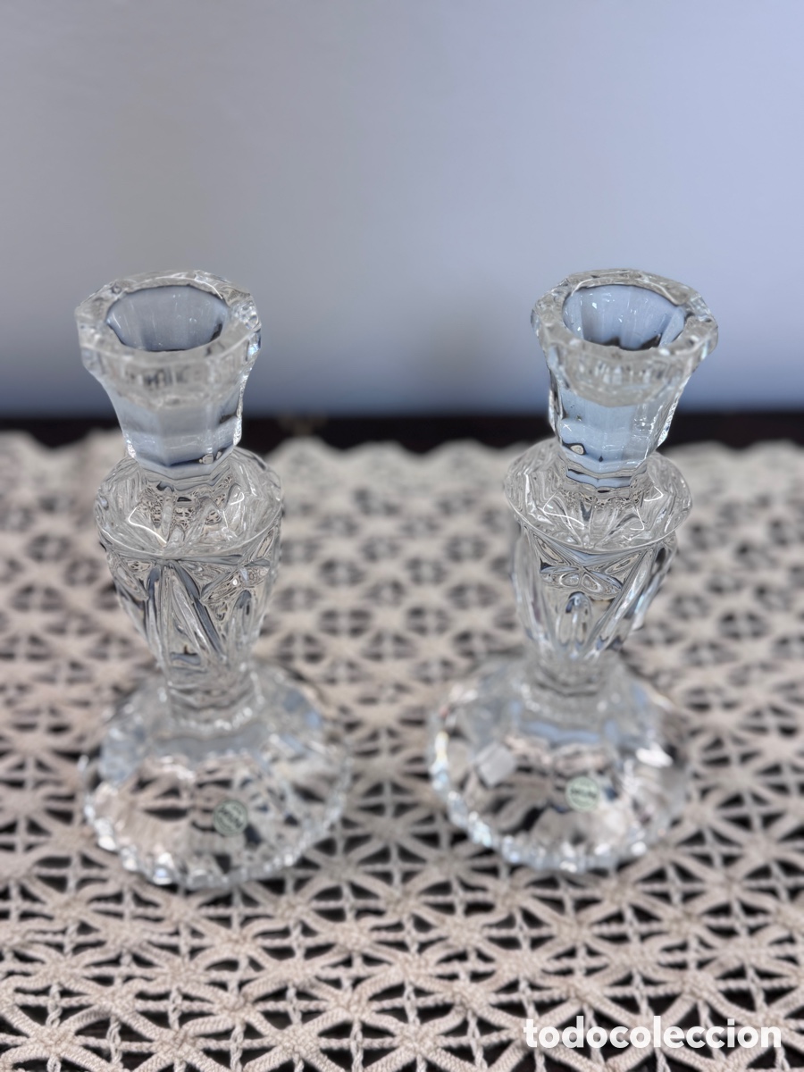 Antiquit&auml;ten: Pareja candelabros cristal tallado 24% plomo vintage a&ntilde;os 80 15cm
