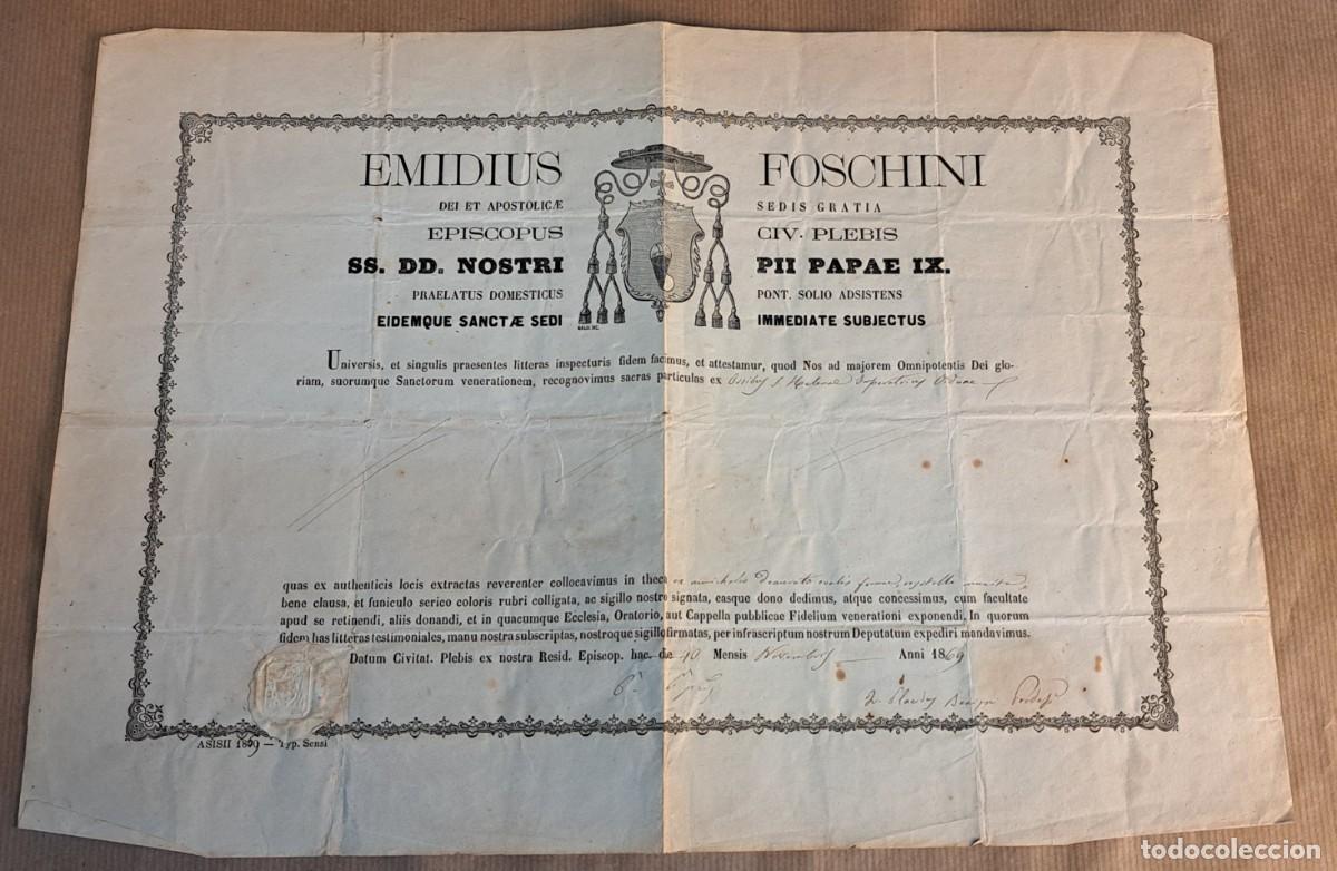 Antig&uuml;edades: Certificado episcopal de autenticidad de reliquias &ndash; Emidius Foschini, As&iacute;s 1869