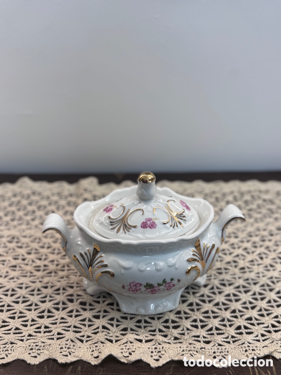 Antig&uuml;edades: Azucarero porcelana Flower Made in Spain oro vintage a&ntilde;os 80 rococ&oacute;