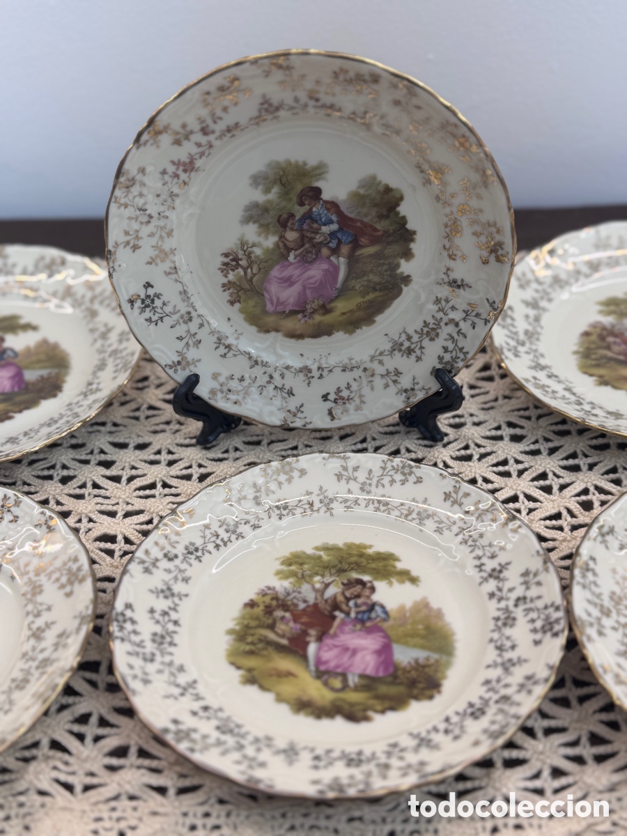Antig&uuml;edades: 10 Platos pan Mosa Maastricht 16cm Fragonard Holanda porcelana oro vintage
