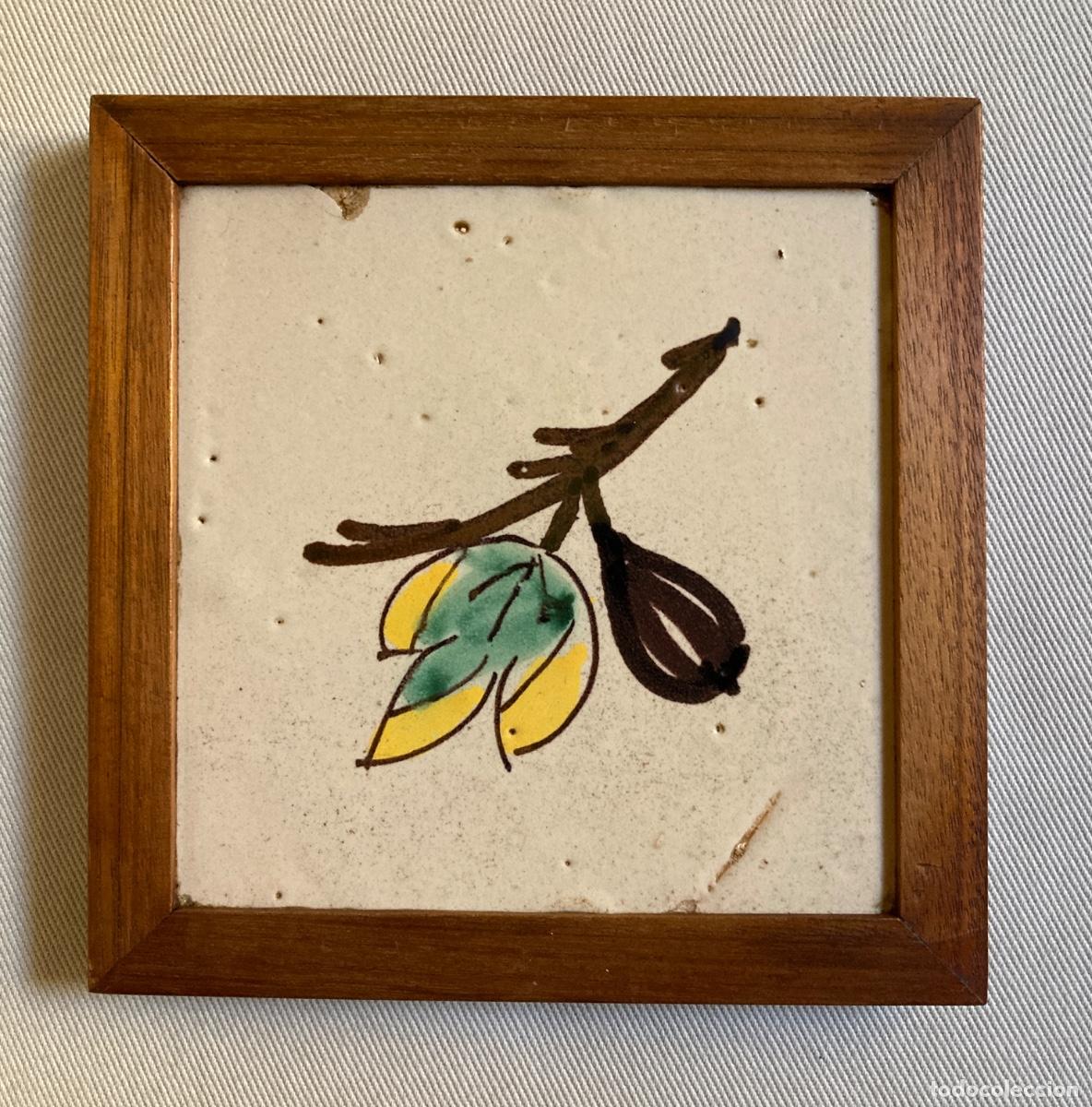 Antig&uuml;edades: Antiguo azulejo enmarcado, rajola de cer&aacute;mica catalana, serie frutas, fruites, siglo XVIII, 13x13 cm