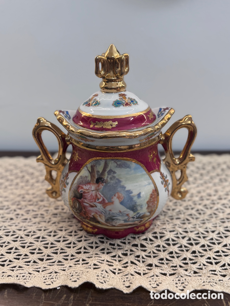 Antig&uuml;edades: Bombonera porcelana GRANDE 28cm S&egrave;vres Fragonard burdeos oro Luis XV vintage (sin sello)