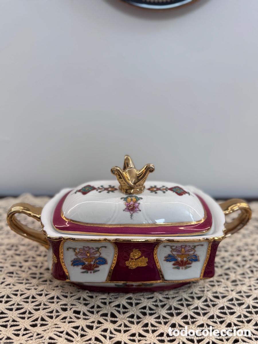 Antig&uuml;edades: Sopera terrina GRANDE 30cm porcelana estilo Herend Apponyi burdeos oro corona (sin sello)