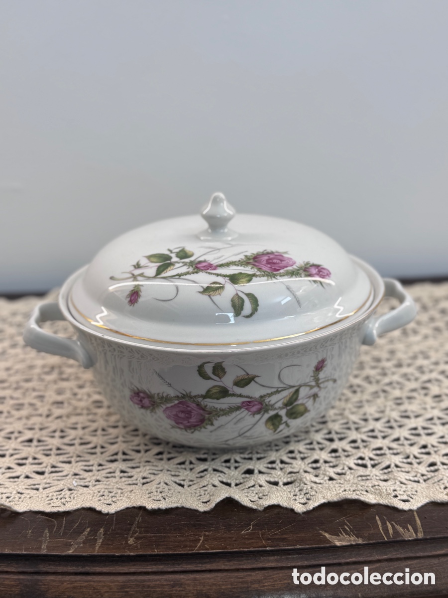 Antig&uuml;edades: Sopera porcelana Bohemia Checoslovaquia Moss Rose rosa vintage 80s con tapa