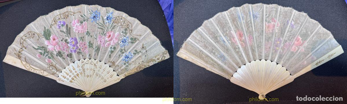 Antig&uuml;edades: ANTIGUO ABANICO CON VARILLAJE DE HUESO Y PA&Iacute;S PINTADO A MANO 23CM