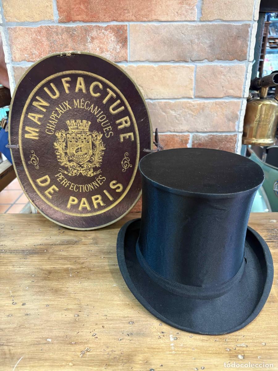 Antig&uuml;edades: Sombrero de copa antiguo de seda satinada &rdquo;American House&rdquo; con caja sombrerera her&aacute;ldica de Par&iacute;s