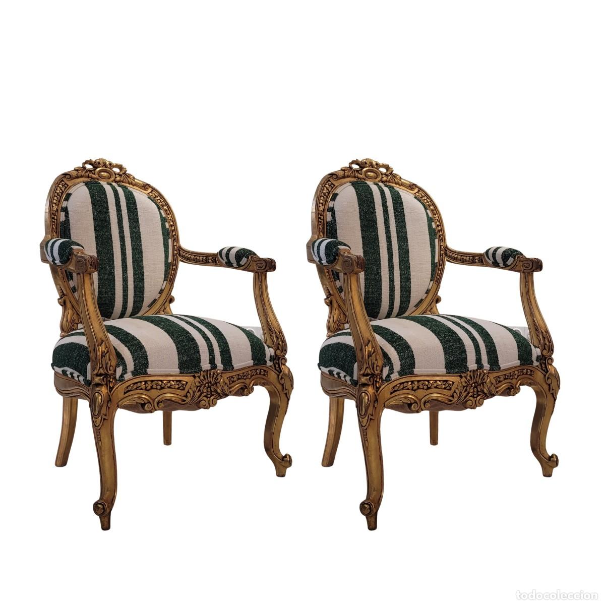 Oggetti Antichi: Pareja Silla / Sillones Luis XV, Madera dorada y tela James Malone, pps. S. XIX &ndash; Francia