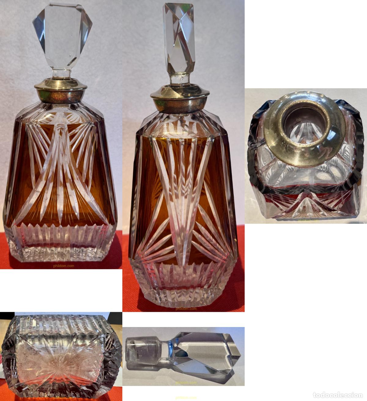 Antig&uuml;edades: LICORERA CRISTAL TALLADO EN COLOR CUELLO EN PLATA 25 cm ALTO
