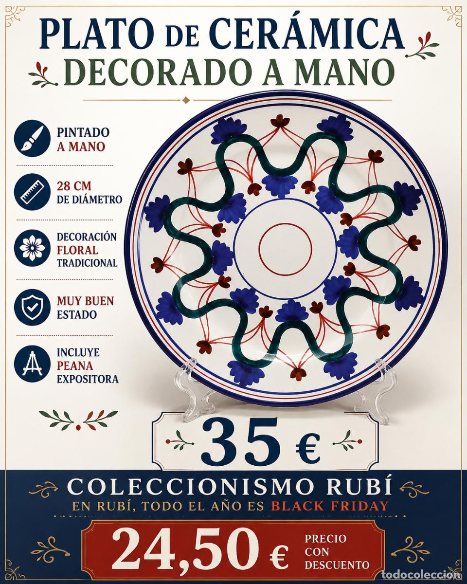 Antig&uuml;edades: PLATO CER&Aacute;MICA DECORADO A MANO | 28 CM &Oslash; | PINTADO A MANO | CON PEANA
