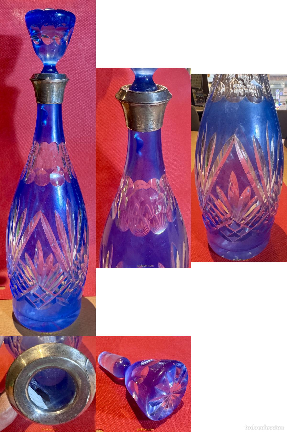 Antig&uuml;edades: BOTELLA LICORERA CRISTAL TALLADO EN COLOR AZUL CUELLO EN PLATA 36 cm ALTO